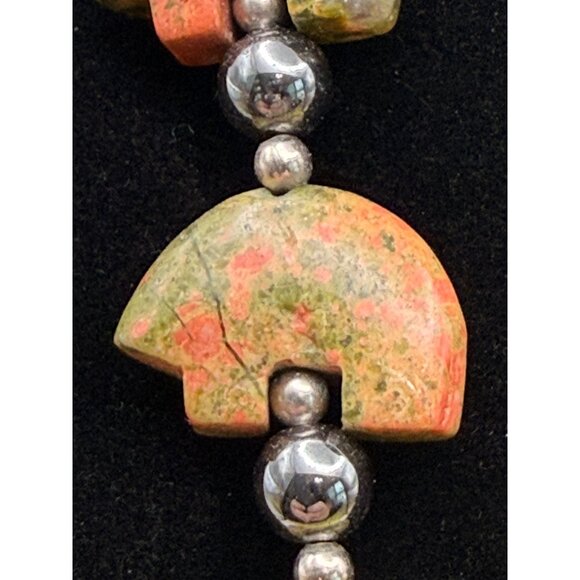 VTG Boho Unakite Stone Bear Pendant Necklace 24" Hematite Beads Southwestern Nat - Picture 5 of 10